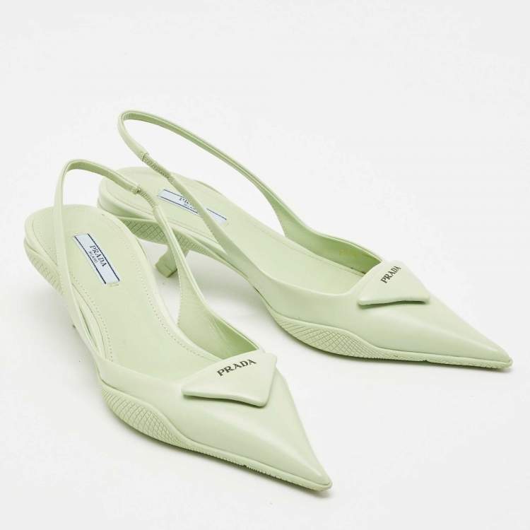 Pre Owned Prada Green Leather Bow Slingback Pumps Size 37.5