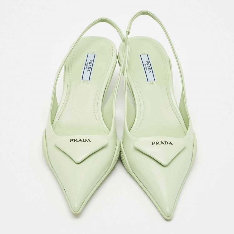 Pre Owned Prada Green Leather Bow Slingback Pumps Size 37.5