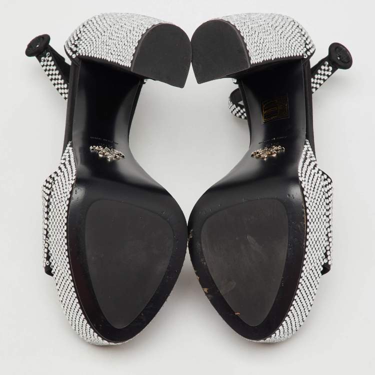 Pre Owned Prada Black Satin Crystal Embellished Ankle Strap Platform Sandals Size 39.5