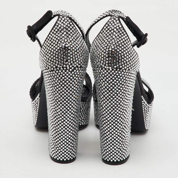 Pre Owned Prada Black Satin Crystal Embellished Ankle Strap Platform Sandals Size 39.5