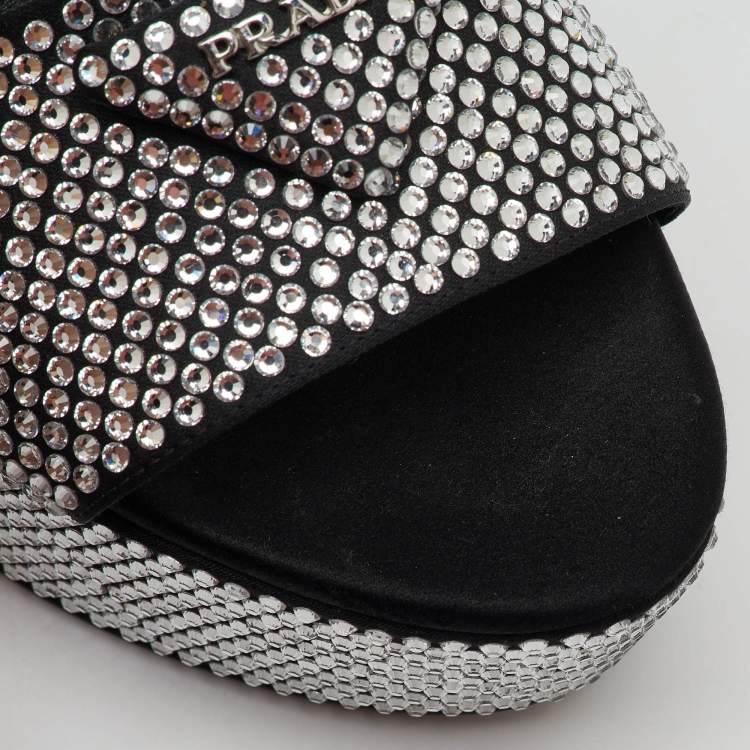 Pre Owned Prada Black Satin Crystal Embellished Ankle Strap Platform Sandals Size 39.5
