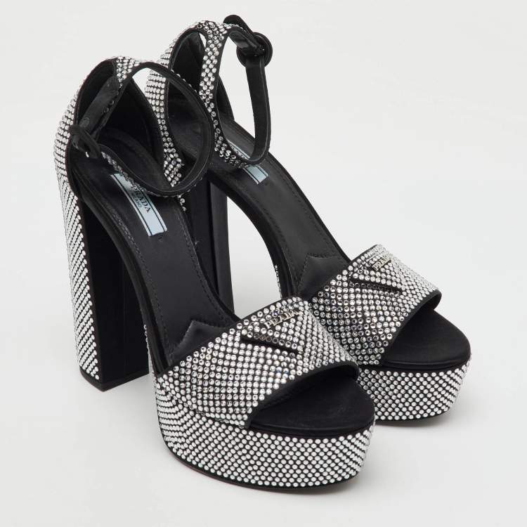 Pre Owned Prada Black Satin Crystal Embellished Ankle Strap Platform Sandals Size 39.5