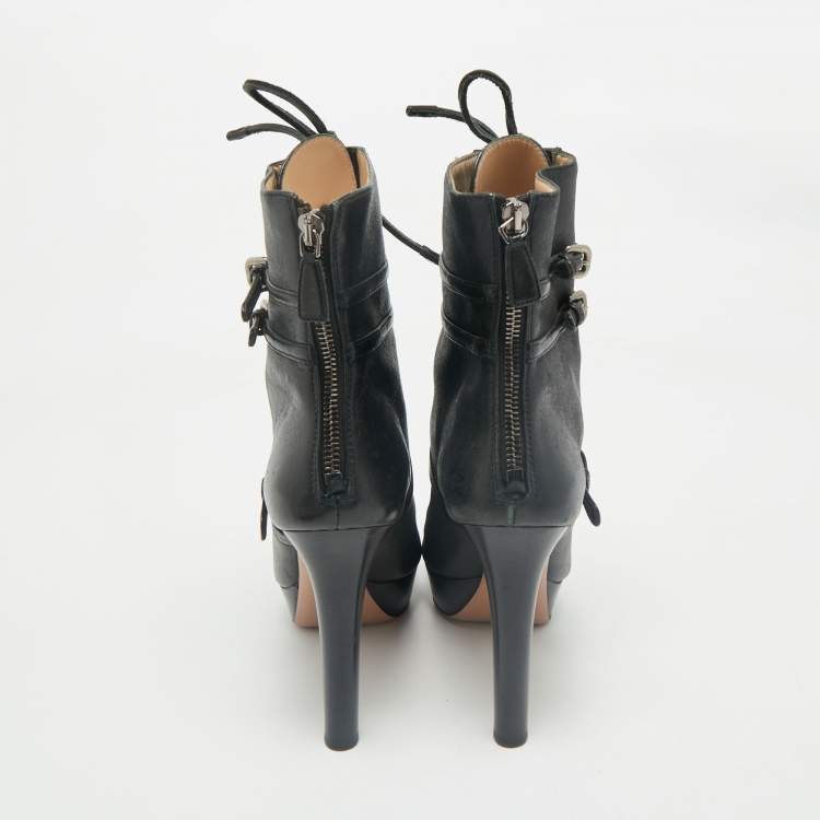 Pre Owned Prada Black Leather Platform Ankle Boots Size 38