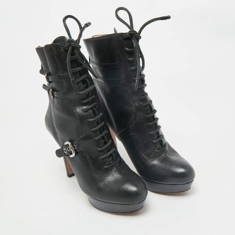 Pre Owned Prada Black Leather Platform Ankle Boots Size 38