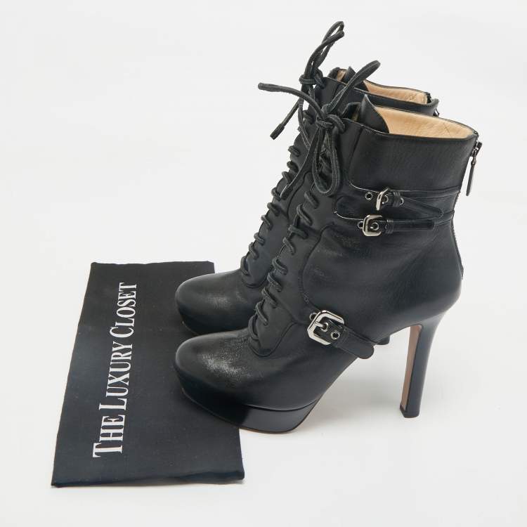 Pre Owned Prada Black Leather Platform Ankle Boots Size 38