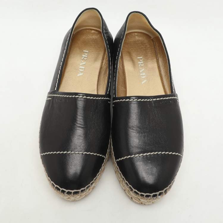 Pre Owned Prada Black Leather Platform Espadrille Flats Size 37.5