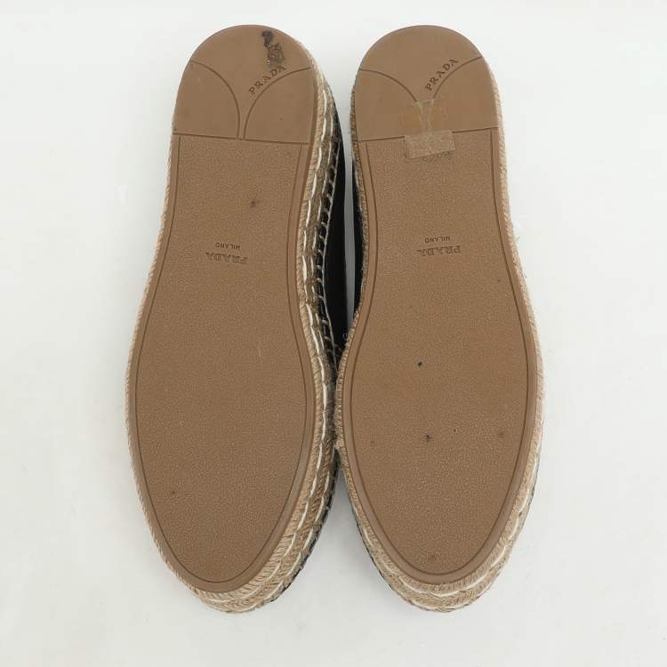 Pre Owned Prada Black Leather Platform Espadrille Flats Size 37.5
