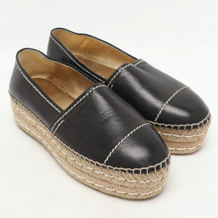 Pre Owned Prada Black Leather Platform Espadrille Flats Size 37.5