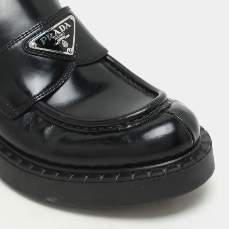 Pre Owned Prada Black Leather Slip On Loafers Size 35.5