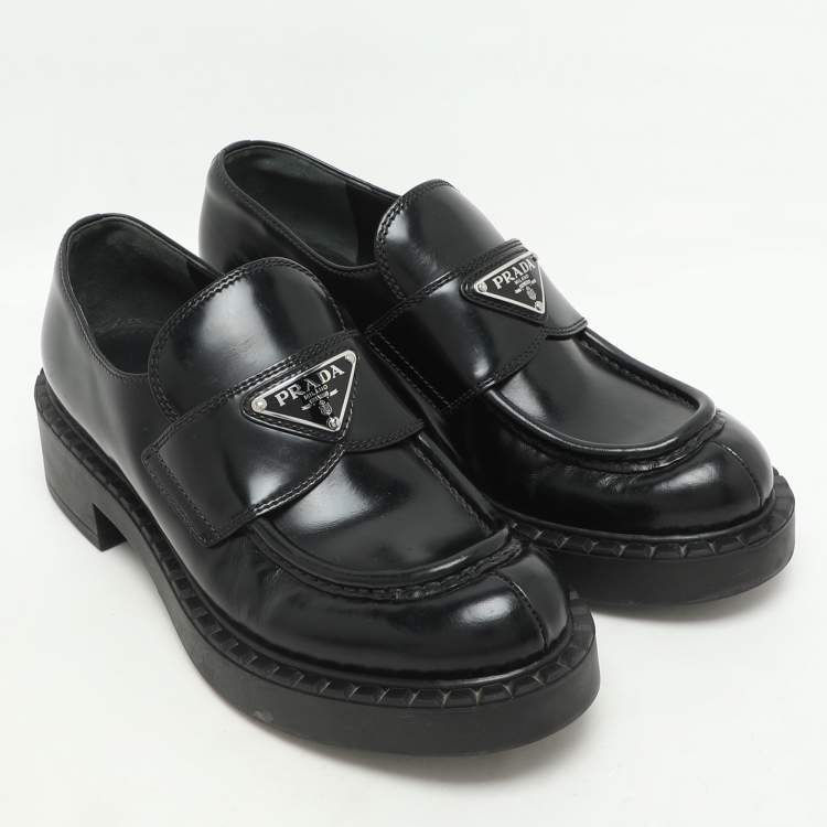 Pre Owned Prada Black Leather Slip On Loafers Size 35.5