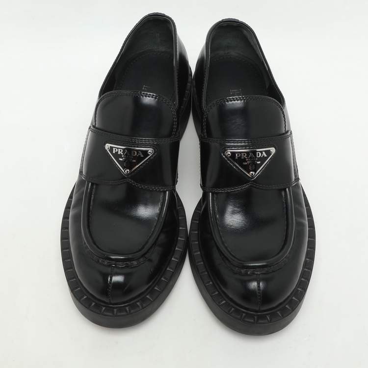 Pre Owned Prada Black Leather Slip On Loafers Size 35.5