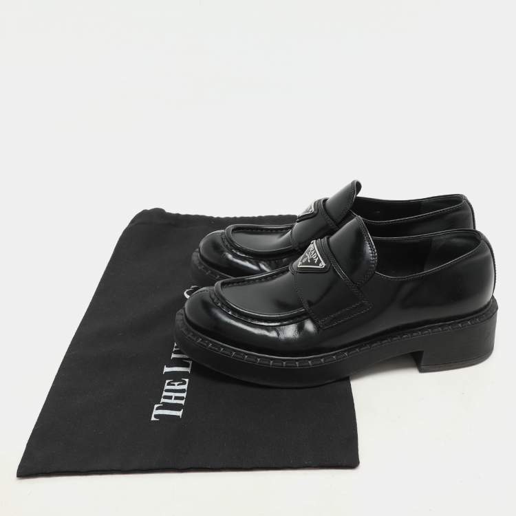 Pre Owned Prada Black Leather Slip On Loafers Size 35.5