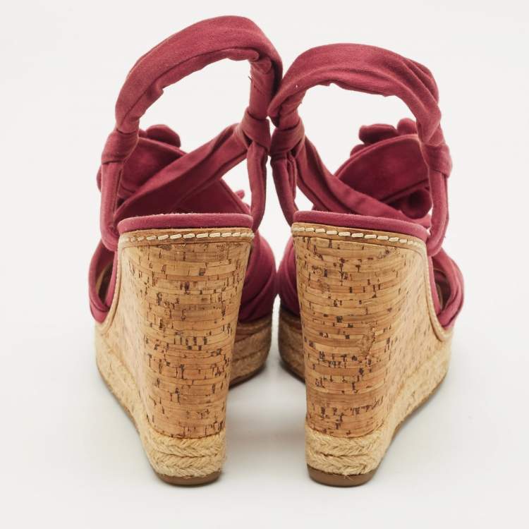 Pre Owned Prada Burgundy Fabric Flower Cork Wedge Slingback Sandals Size 40
