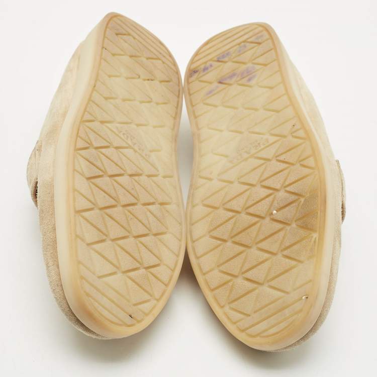 Pre Owned Prada Beige Suede Logo Plaque Slip On Loafers Size 39