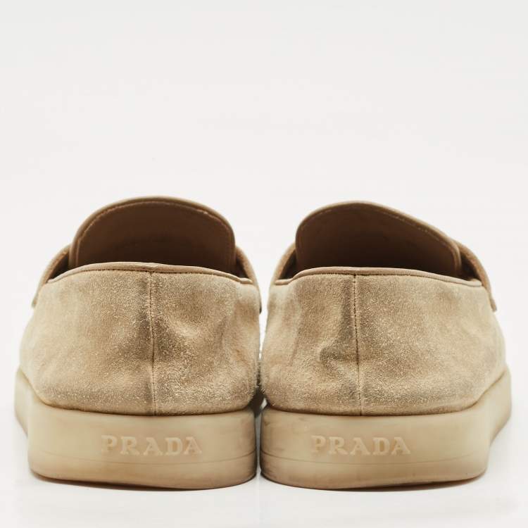 Pre Owned Prada Beige Suede Logo Plaque Slip On Loafers Size 39