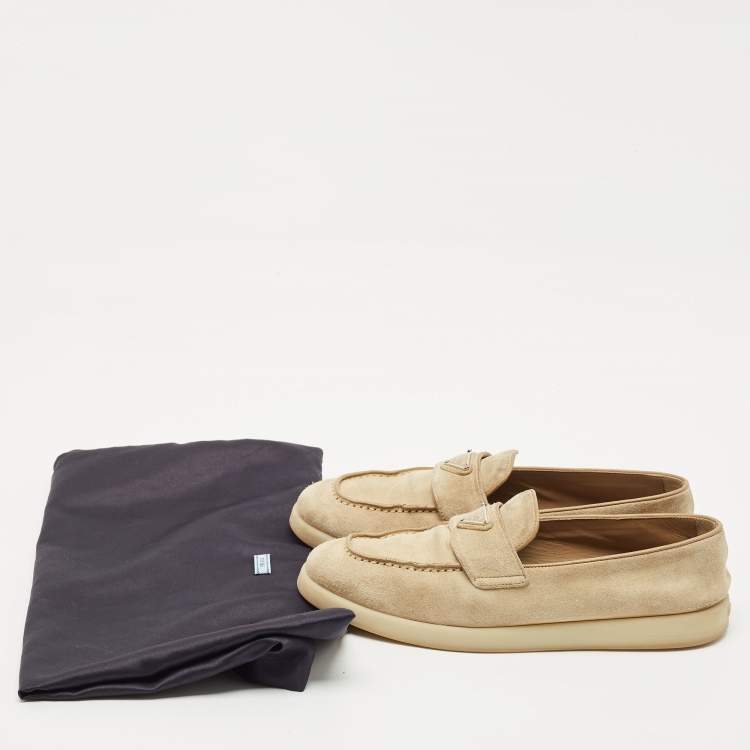 Pre Owned Prada Beige Suede Logo Plaque Slip On Loafers Size 39