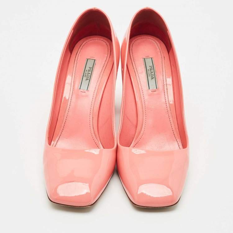 Pre Owned Prada Pink Patent Leather Block Heel Pumps Size 39.5
