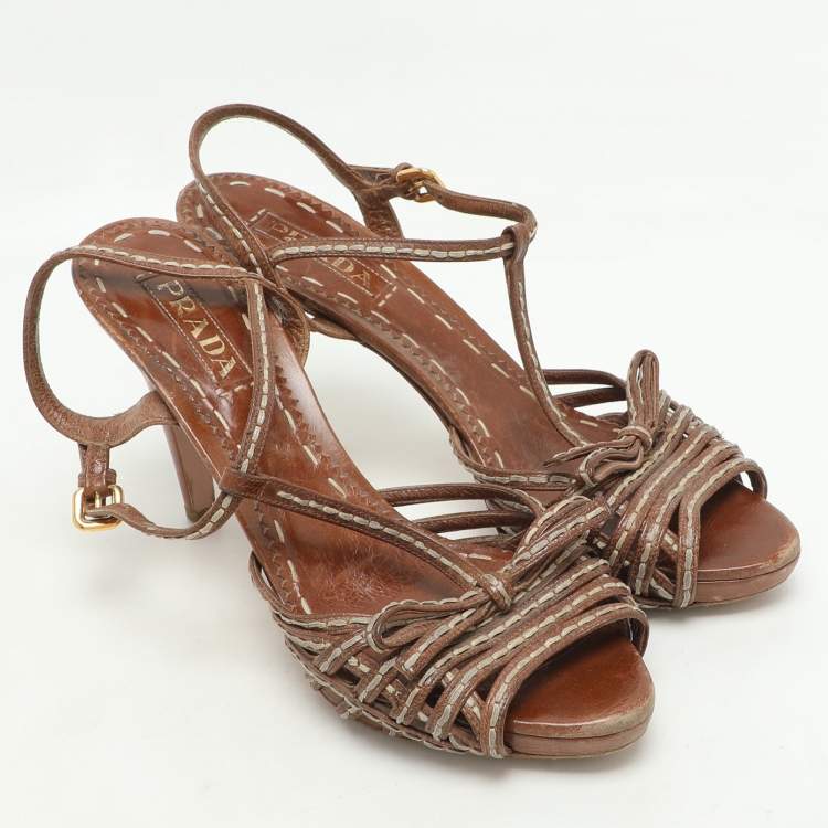 Pre Owned Prada Brown Leather Strappy Slingback Sandals Size 39.5