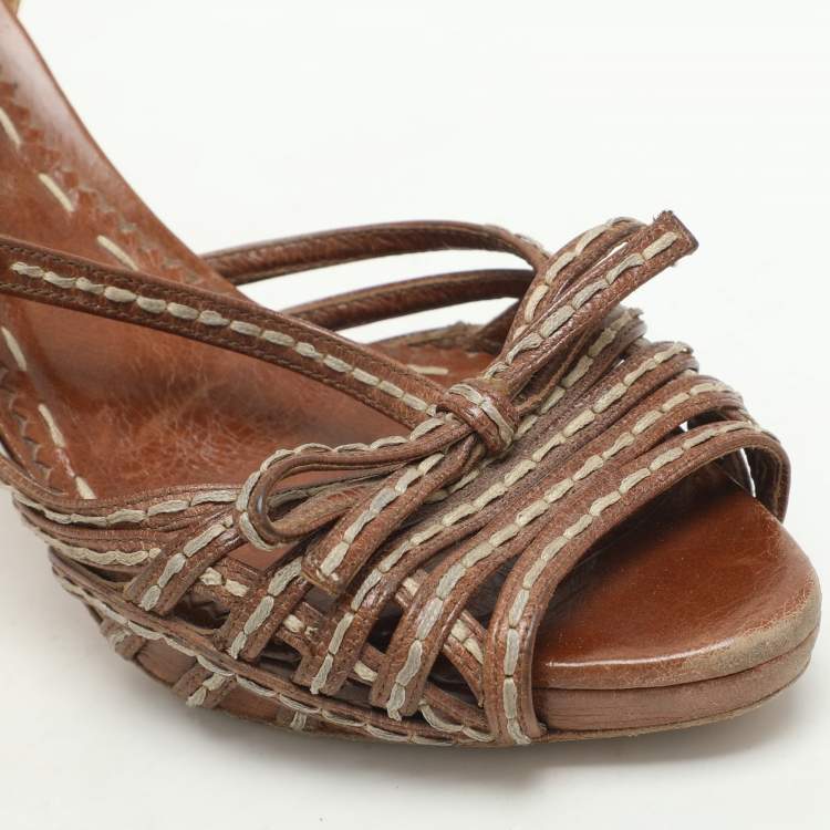 Pre Owned Prada Brown Leather Strappy Slingback Sandals Size 39.5