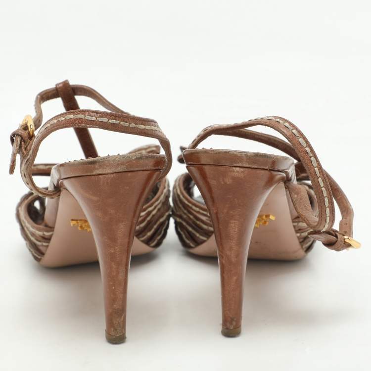 Pre Owned Prada Brown Leather Strappy Slingback Sandals Size 39.5