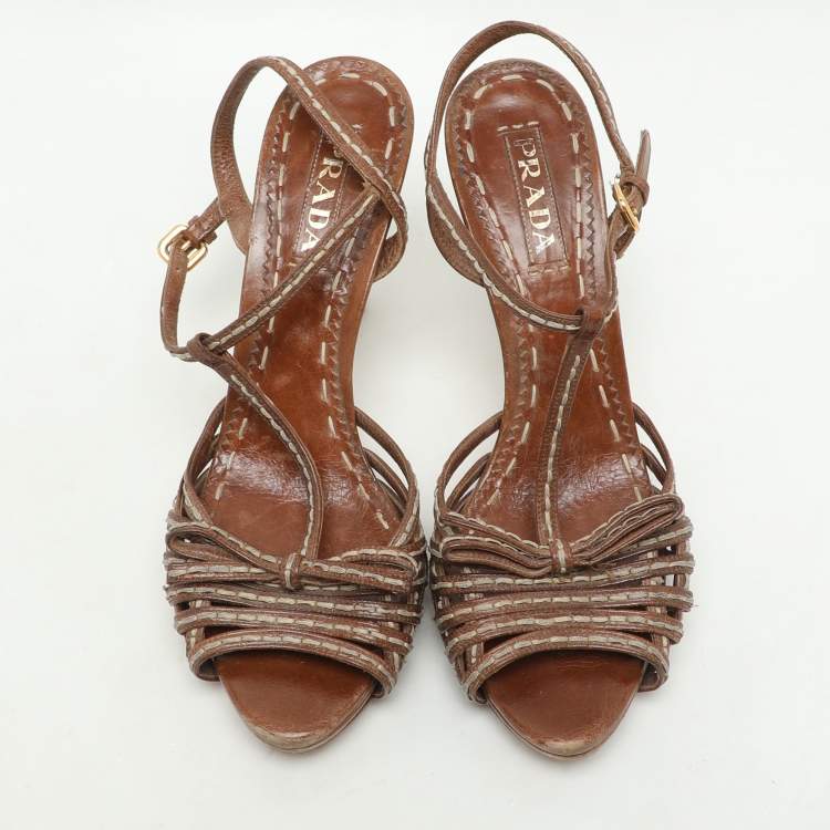 Pre Owned Prada Brown Leather Strappy Slingback Sandals Size 39.5