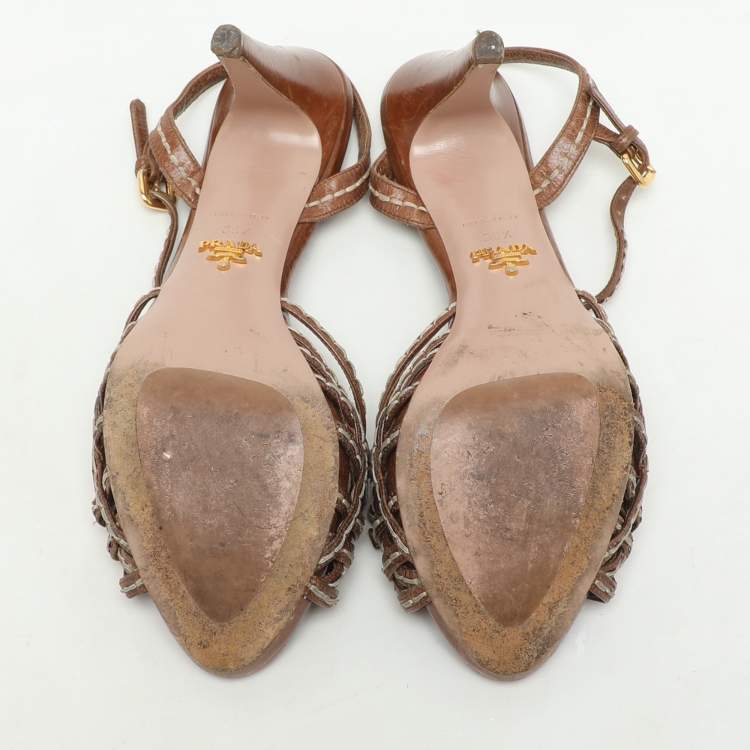 Pre Owned Prada Brown Leather Strappy Slingback Sandals Size 39.5