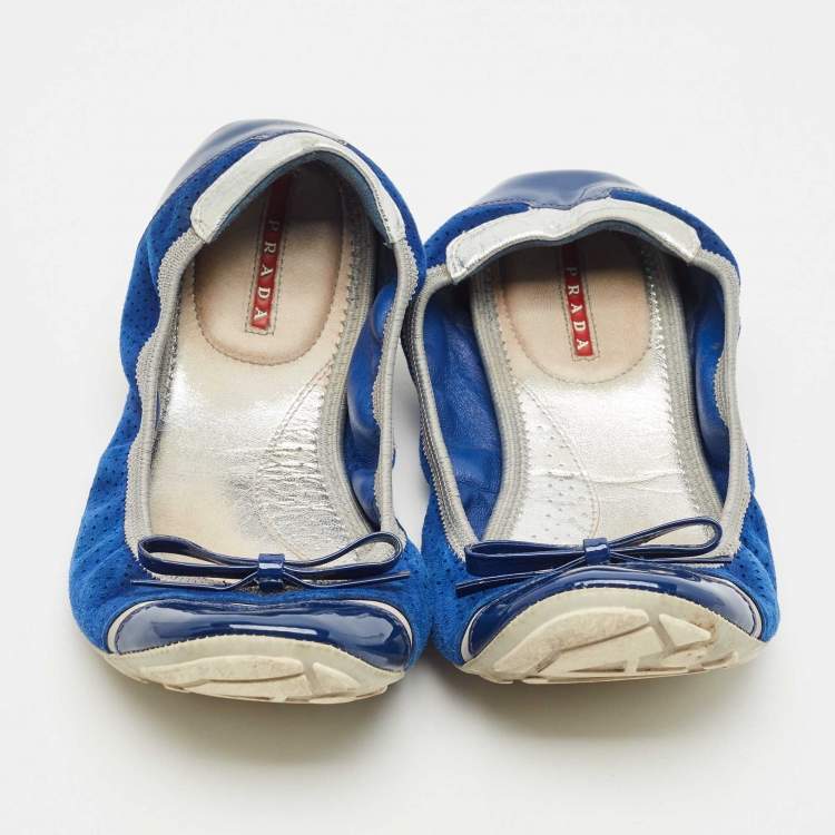 Pre Owned Prada Navy Blue/Silver Patent Leather and Nubuck Leather Scrunch Ballet Flats Size 38
