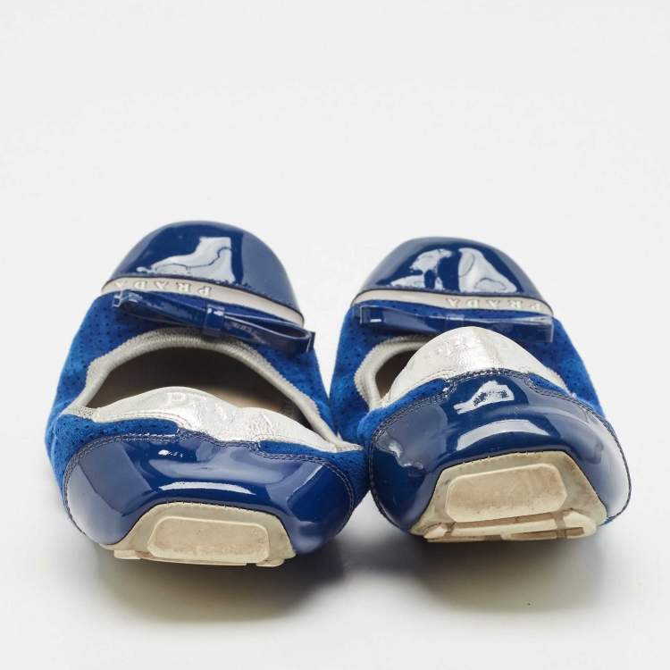 Pre Owned Prada Navy Blue/Silver Patent Leather and Nubuck Leather Scrunch Ballet Flats Size 38