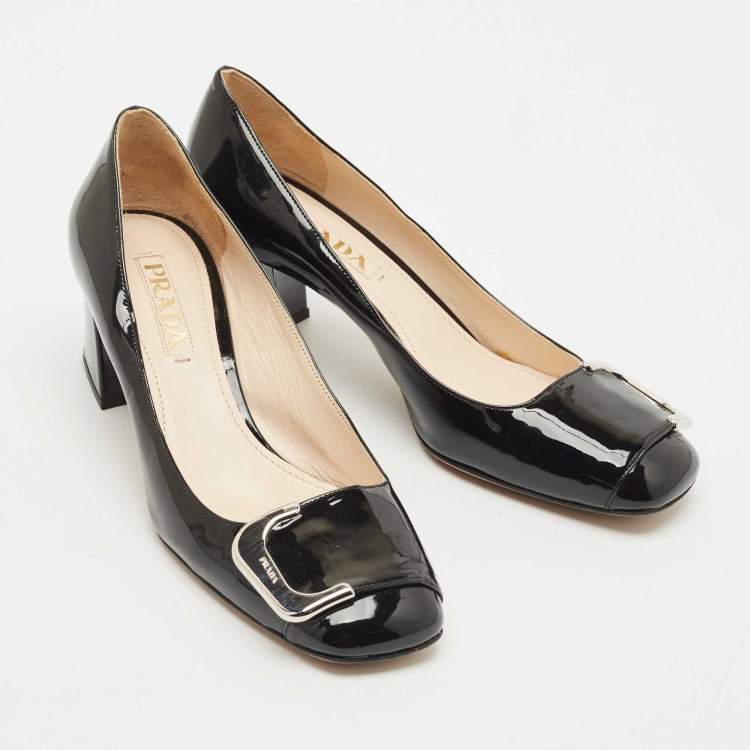Pre Owned Prada Black Patent Leather Buckle Detail Block Heel Pumps Size 37