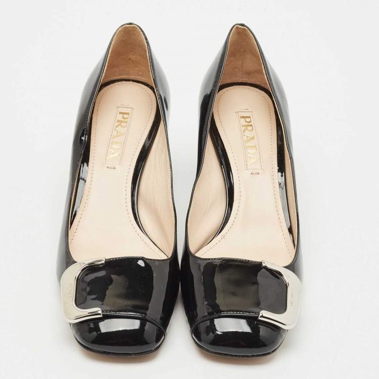 Pre Owned Prada Black Patent Leather Buckle Detail Block Heel Pumps Size 37