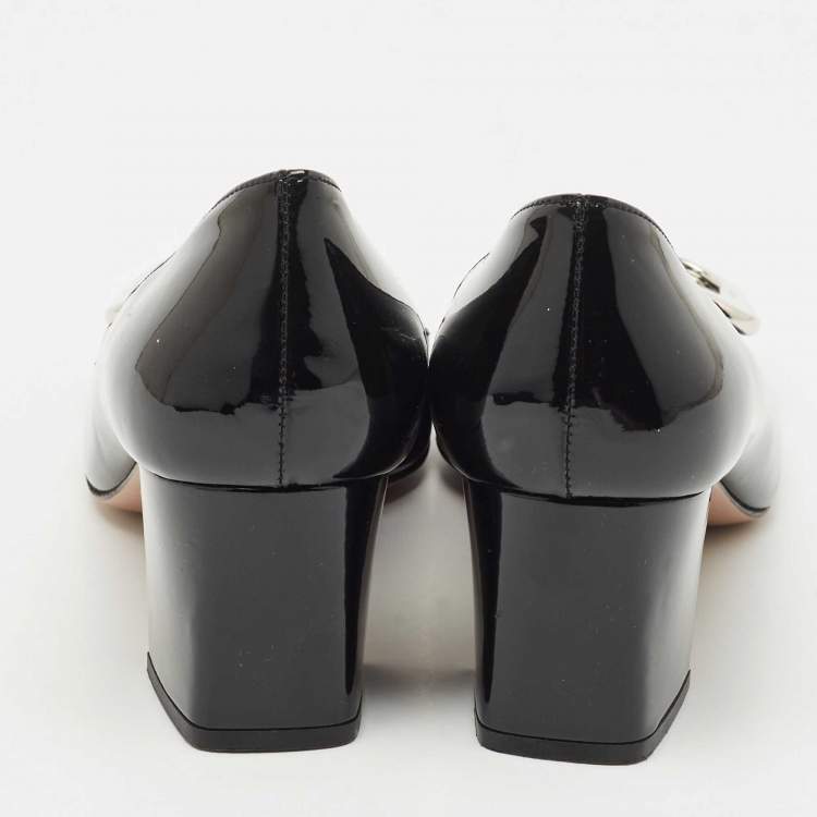 Pre Owned Prada Black Patent Leather Buckle Detail Block Heel Pumps Size 37