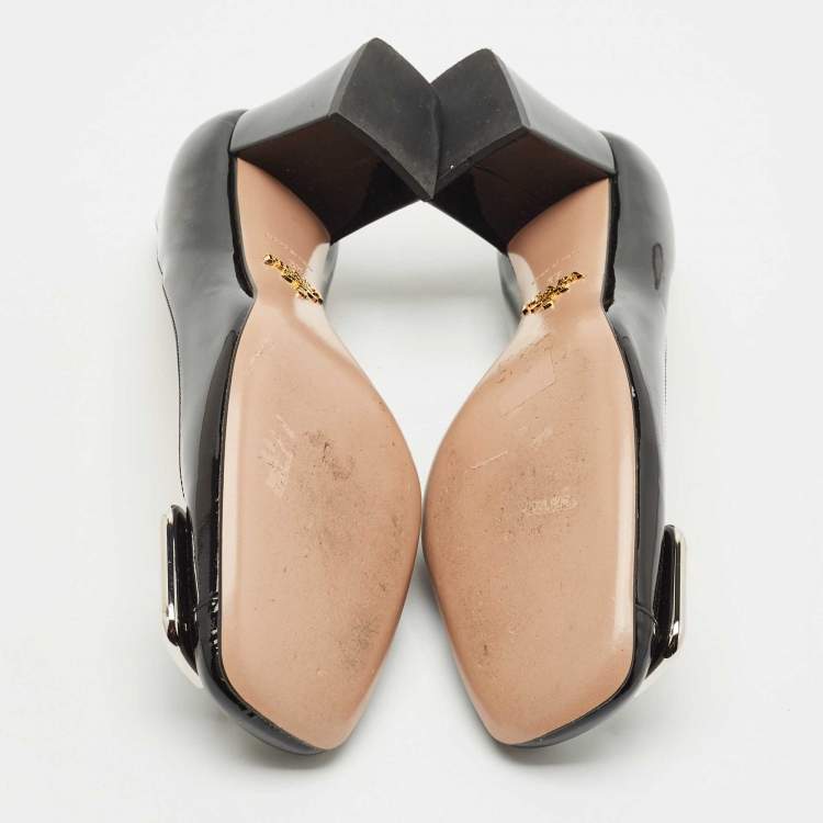 Pre Owned Prada Black Patent Leather Buckle Detail Block Heel Pumps Size 37
