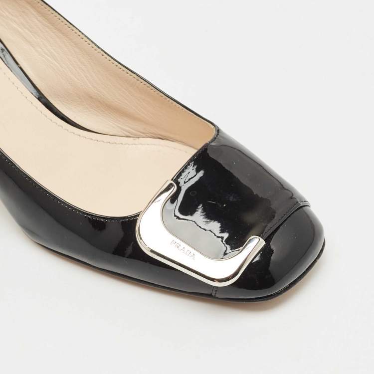 Pre Owned Prada Black Patent Leather Buckle Detail Block Heel Pumps Size 37