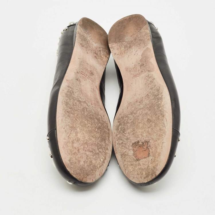 Pre Owned Prada Black Leather Studded Ballet Flats Size 37.5