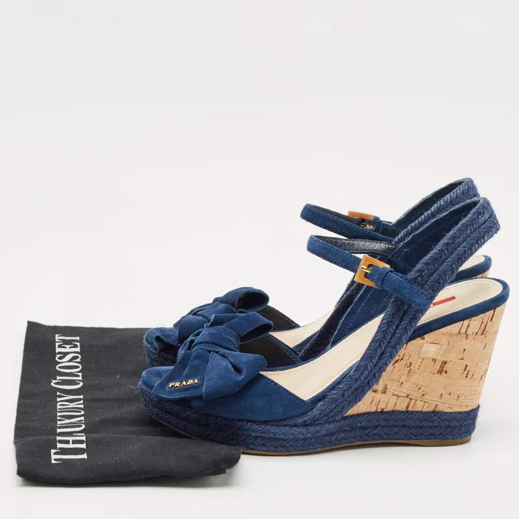 Pre Owned Prada Blue Suede Bow Cork Wedge Slingback Sandals Size 38