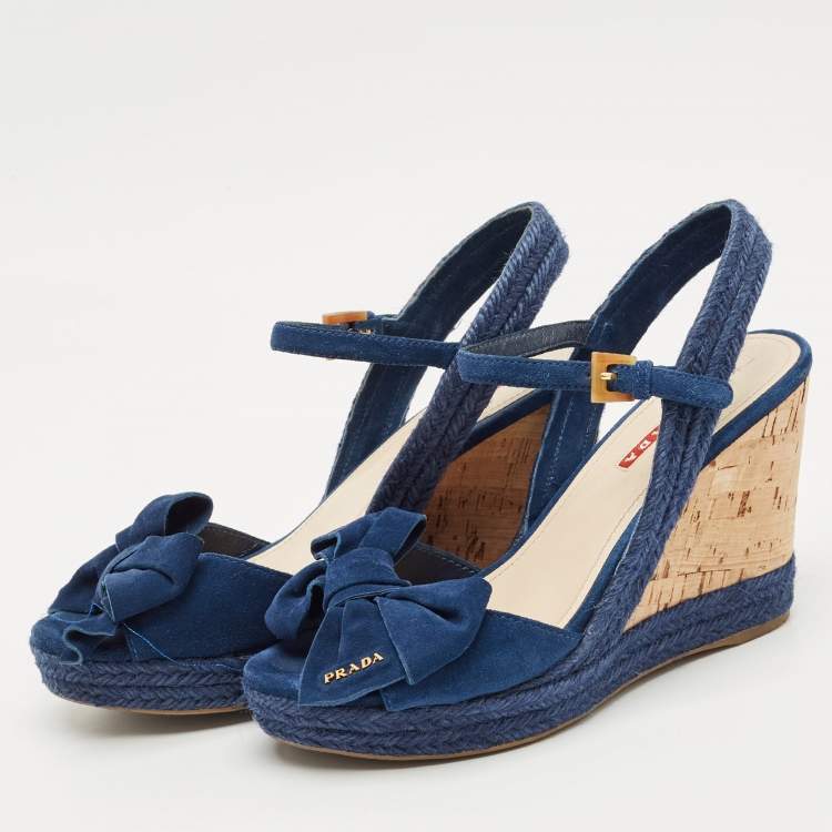 Pre Owned Prada Blue Suede Bow Cork Wedge Slingback Sandals Size 38
