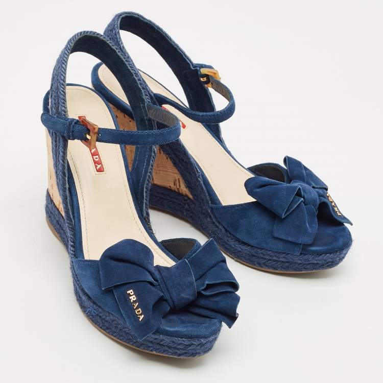 Pre Owned Prada Blue Suede Bow Cork Wedge Slingback Sandals Size 38