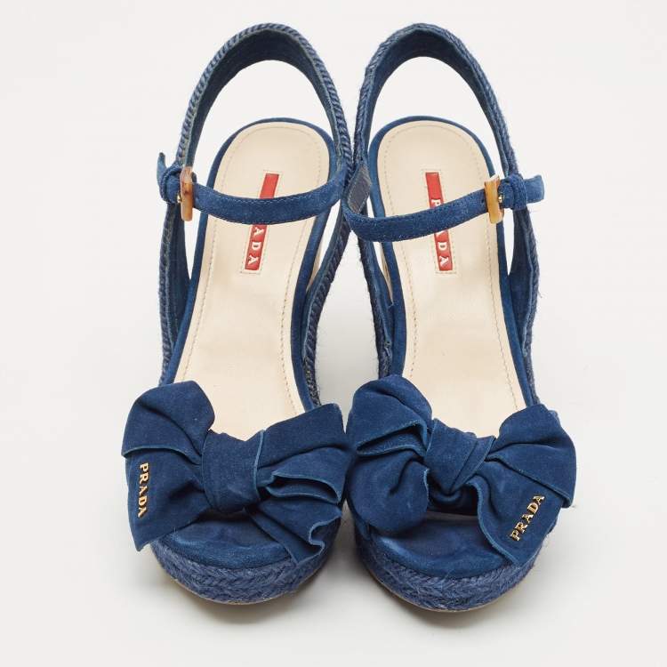 Pre Owned Prada Blue Suede Bow Cork Wedge Slingback Sandals Size 38