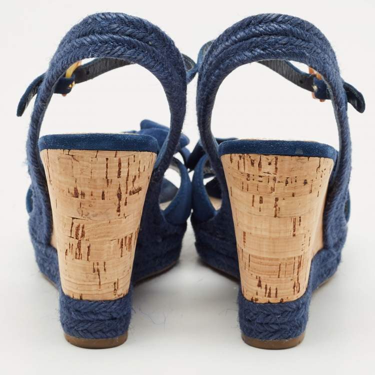 Pre Owned Prada Blue Suede Bow Cork Wedge Slingback Sandals Size 38
