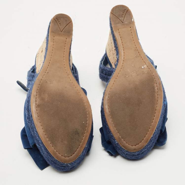 Pre Owned Prada Blue Suede Bow Cork Wedge Slingback Sandals Size 38
