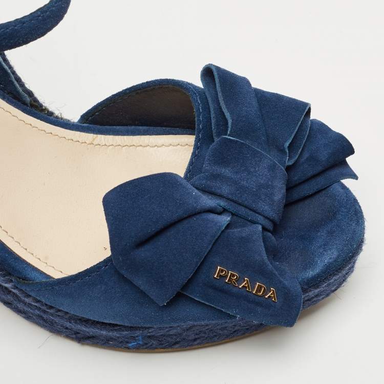 Pre Owned Prada Blue Suede Bow Cork Wedge Slingback Sandals Size 38