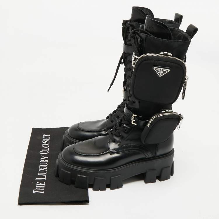 Pre Owned Prada Black Leather and Nylon Monolith Combat Boots Size 37.5