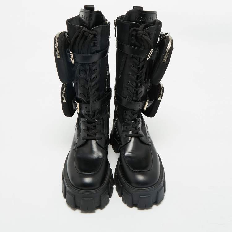 Pre Owned Prada Black Leather and Nylon Monolith Combat Boots Size 37.5