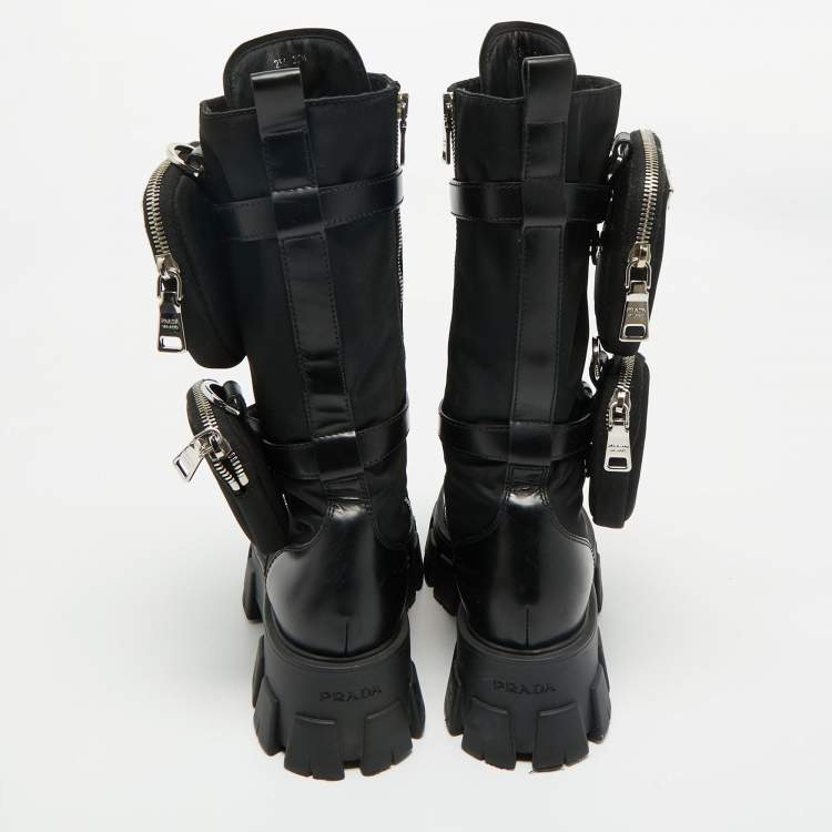 Pre Owned Prada Black Leather and Nylon Monolith Combat Boots Size 37.5