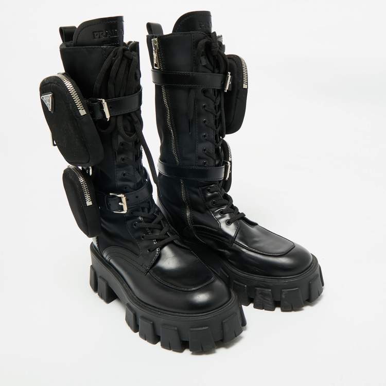 Pre Owned Prada Black Leather and Nylon Monolith Combat Boots Size 37.5