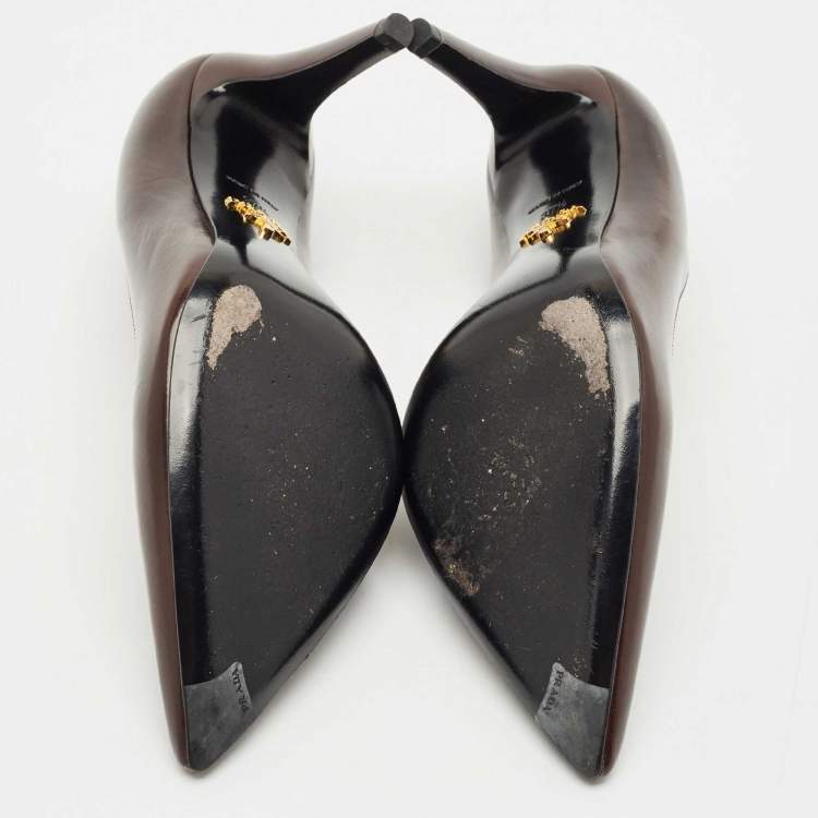 Pre Owned Prada Dark Brown Saffiano Leather Pointed Toe Pumps Size 37.5