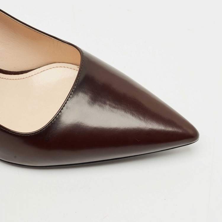 Pre Owned Prada Dark Brown Saffiano Leather Pointed Toe Pumps Size 37.5