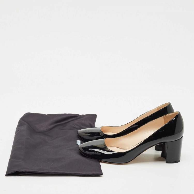 Pre Owned Prada Black Patent Leather Bow Block Heel Pumps Size 37.5
