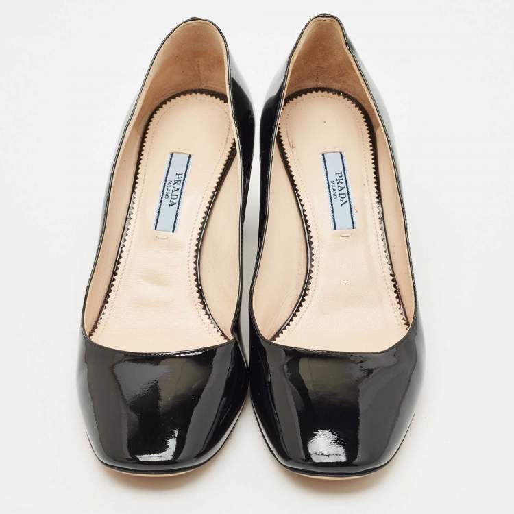 Pre Owned Prada Black Patent Leather Bow Block Heel Pumps Size 37.5