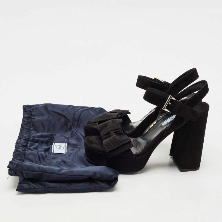 Pre Owned Prada Black Suede Ankle Strap Block Heel Platform Sandals Size 39